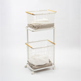 Rolling Laundry Cart + Wire Baskets (38" H)  - Steel + Wood